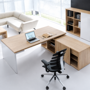 Mito - bureau en bois équipé de meuble retour avec porte coulissante et 1 tiroirs à clé